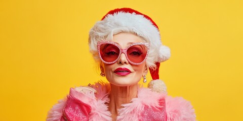 modern Mrs Claus, fashionable, pink santa dress, yellow background, copy space 