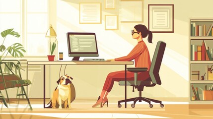 Fototapeta premium Woman Working at a Desk with a Dog Watching