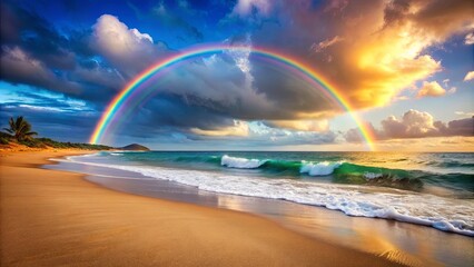 A coastal panorama showcasing a vibrant rainbow arching over a tranquil ocean, with crashing waves and a golden sandy beach