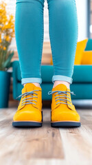 Close up of a pair of yellow leather shoes.