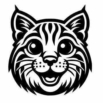 Cute happy bobcat face vector illustration, big cat head silhouette design element