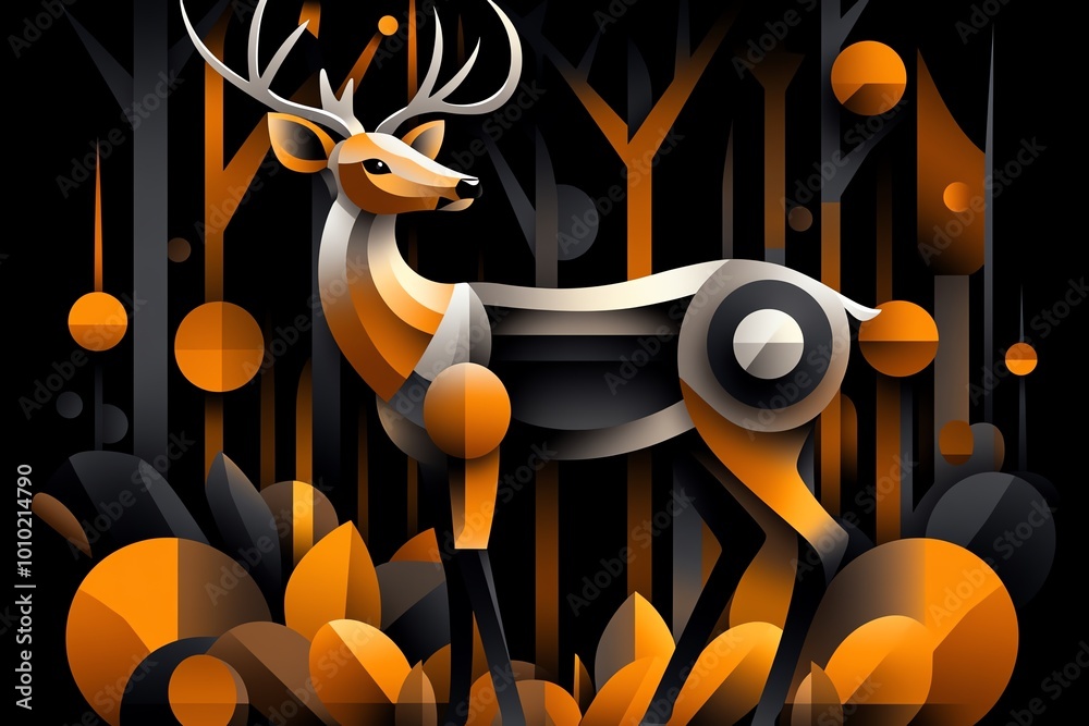Aufkleber Geometric design of a deer standing in a forest, using abstract shapes and muted colors to represent the connection between fauna and the natural world