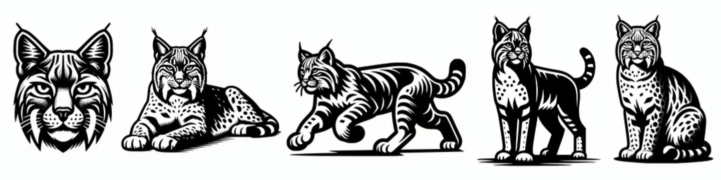 Set of bobcat silhouette vector illustration collection, wild big cat clip art element design mascot symbol