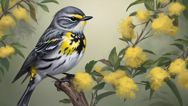 Side profile portrait of a yellow rumped warbler bird painting, Setophaga coronata bird perched on a tree branch illustration