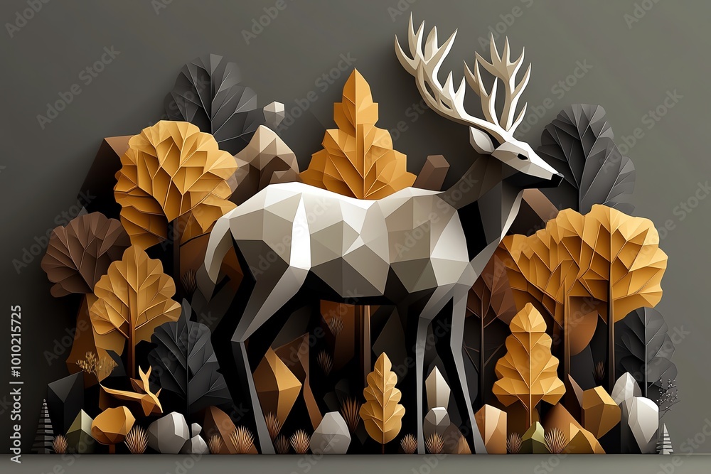 Poster Geometric design of a deer standing in a forest, using abstract shapes and muted colors to represent the connection between fauna and the natural world
