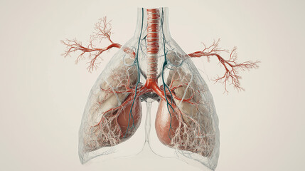 Human lungs showing pulmonary veins and arteries with trachea and bronchial tree