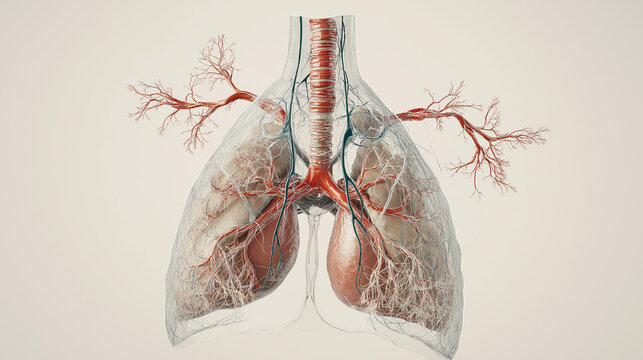 Human lungs showing pulmonary veins and arteries with trachea and bronchial tree