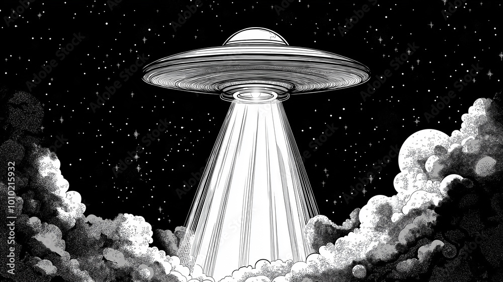 Poster flying saucer is hovering over clouds and projecting a beam of light in a starry night sky