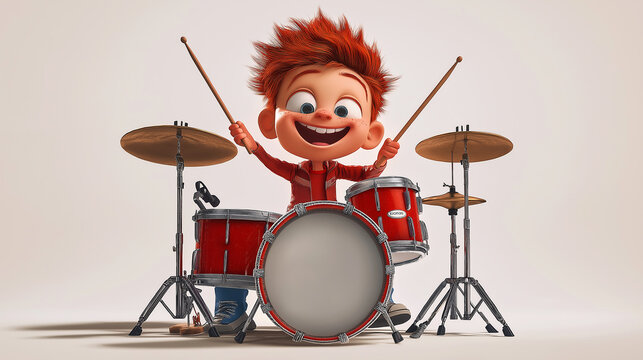 Cartoon redhead kid playing red drum set with big smile
