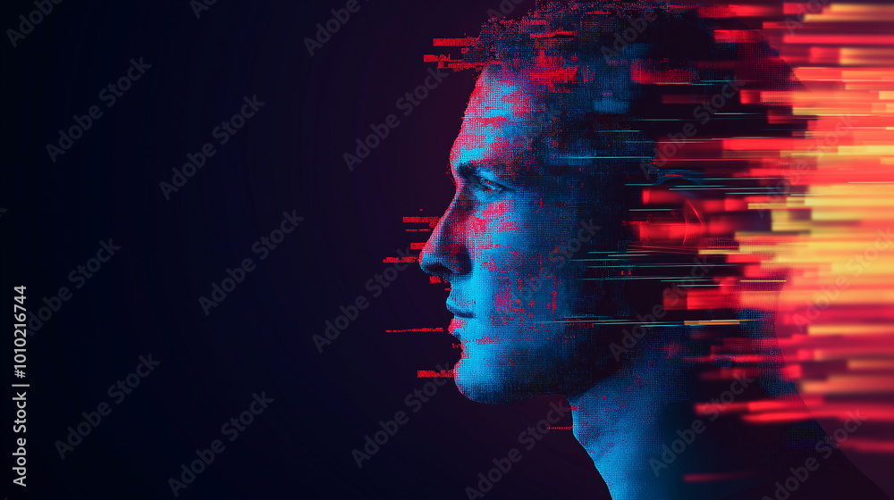 Aufkleber artificial intelligence is transforming a man's face with digital disruptions