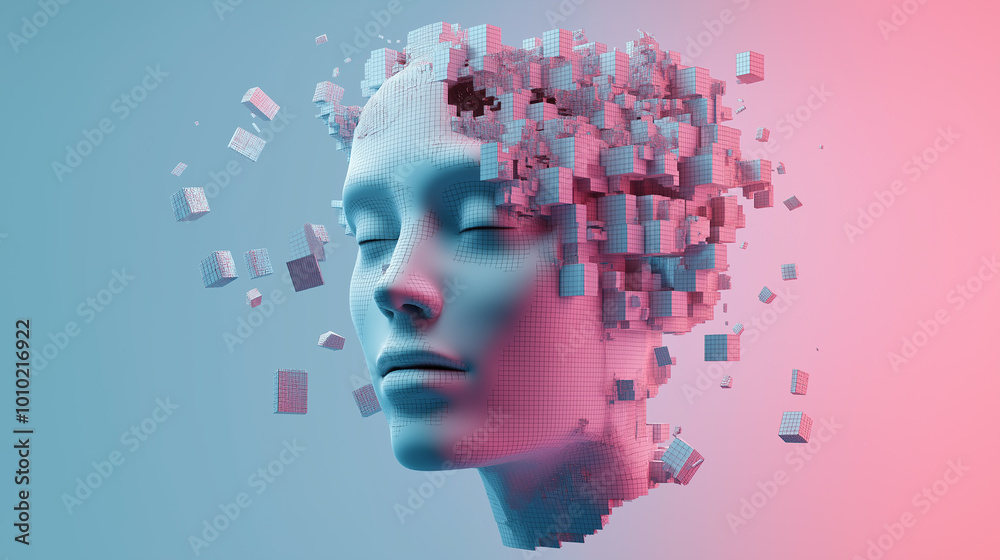 Poster 3d rendered head made of cubes exploding on blue and pink background