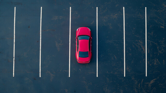 Red car is parked in an empty parking lot