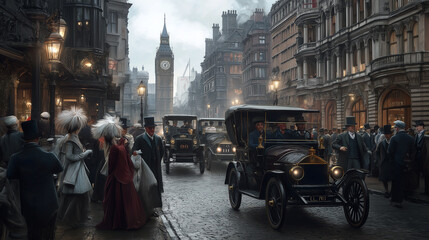Elegant people in london are walking and driving vintage cars on a street with big ben in the background