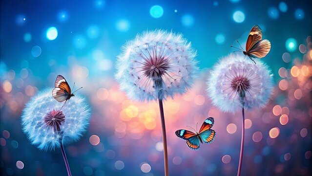 Fototapeta A symphony of delicate white dandelions adorned with colorful butterflies against a backdrop of ethereal blue and pink bokeh.