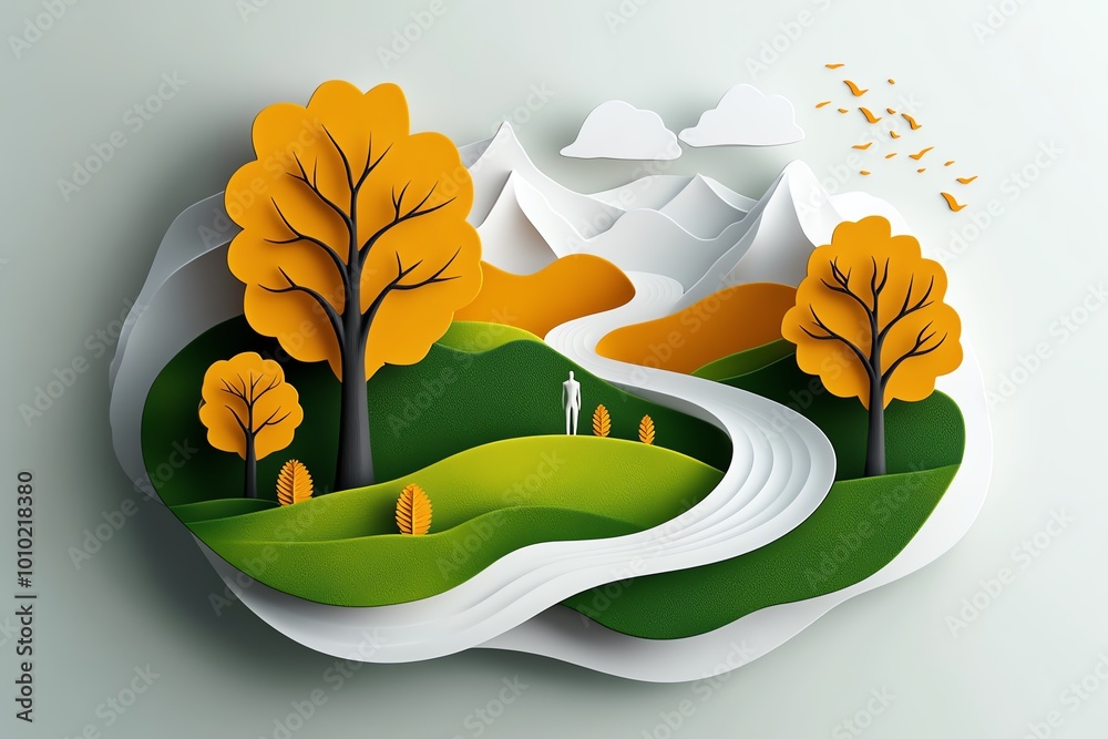 Poster geometric design of a lone figure standing in a serene landscape, using abstract shapes to symbolize