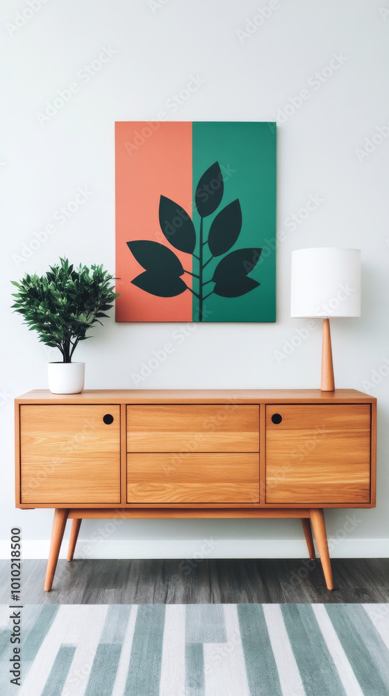 Poster Mid-century modern living room with a stylish wooden cabinet and a minimalist artwork on the wall.