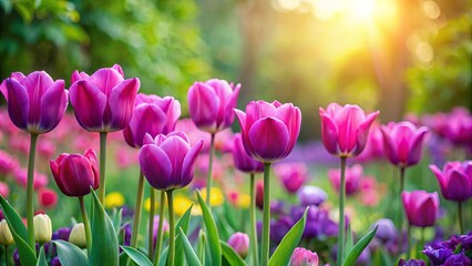 Fototapeta premium A Field of Pink Tulips Basking in Golden Sunlight, Their Petals Reflecting the Warmth of the Day