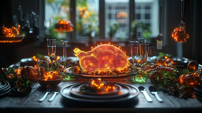 Futuristic Thanksgiving Dinner Table Setting with Wireframe Turkey