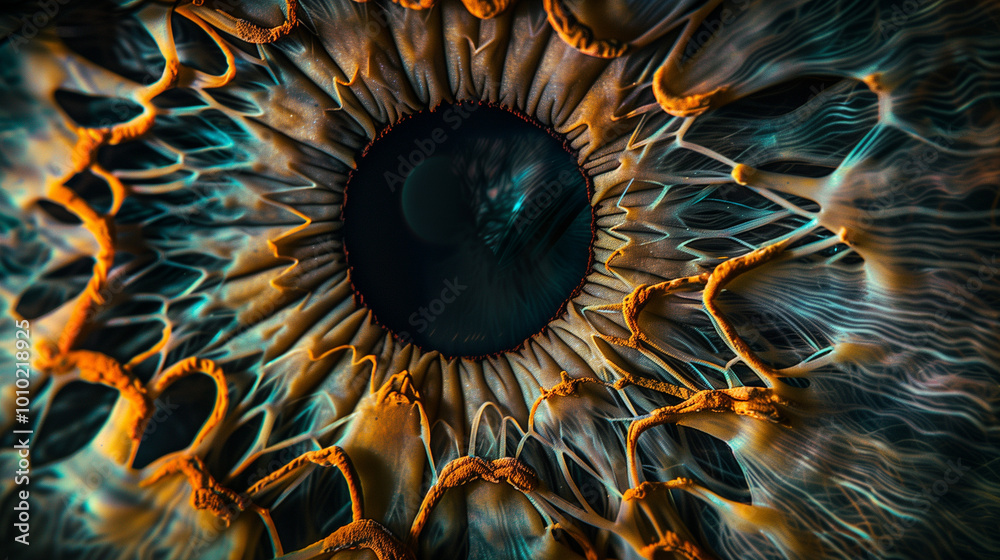 Poster Abstract close-up of an eye's iris with intricate textures and vibrant colors, resembling a cosmic landscape