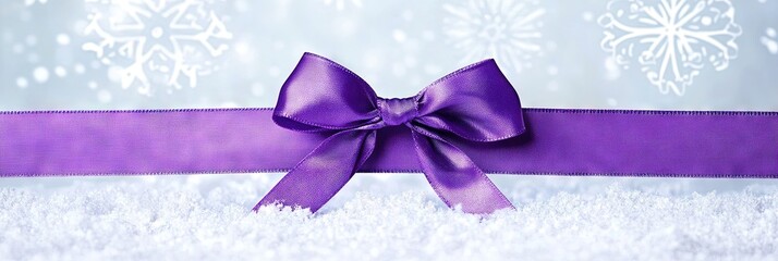 purple ribbon and bow on winter snowflake background, gift wrap concept 