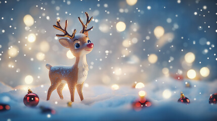 Reindeer toy standing in snow with christmas lights and falling snow