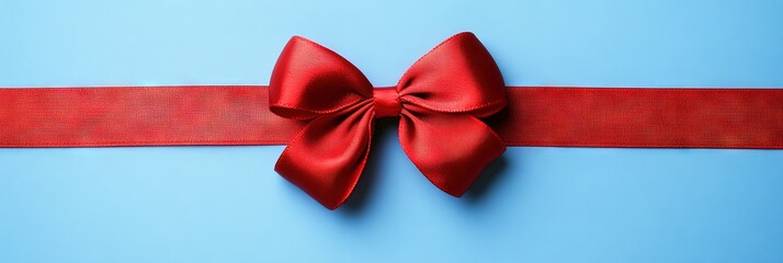 red ribbon and bow on blue background, gift wrap concept