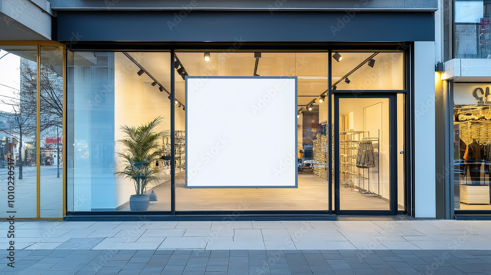 Aufkleber modern clothing store is displaying a big empty white mock up banner in the shop window at night