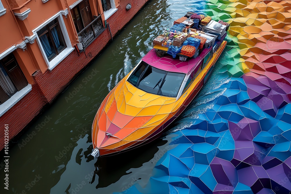 Poster geometric design of a vendorâ€™s boat drifting through the canal, with abstract shapes representing 