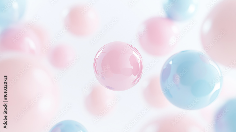 Poster pink and blue spheres are floating on a white background with a soft focus
