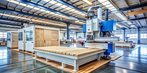 Fototapeta premium A large industrial machine with a wooden platform and a white and blue frame sits inside a spacious factory setting, awaiting its next task.