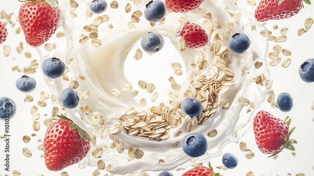 Poster Milk is splashing and creating a swirl with fresh strawberries, blueberries and oats