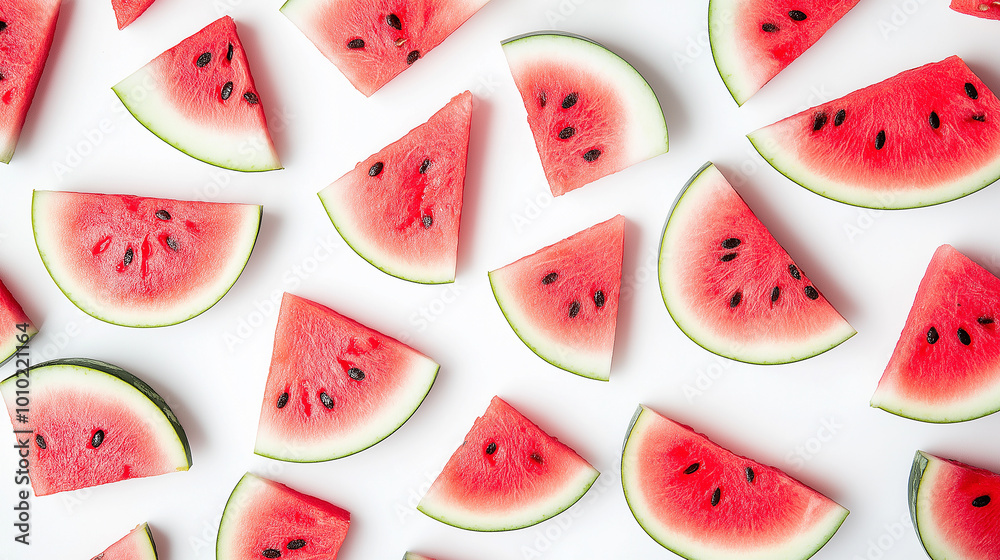 Poster Watermelon slices are creating a pattern on a white background