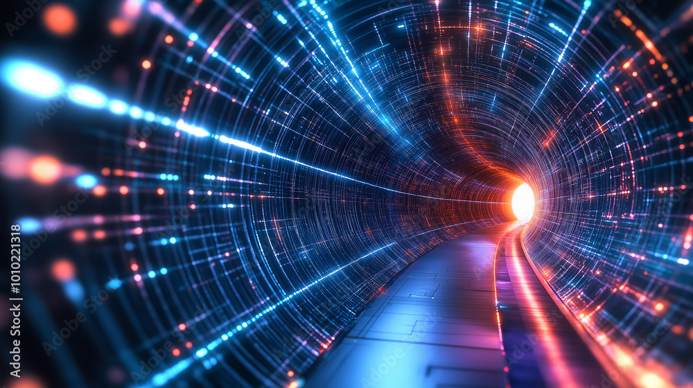 Poster Abstract digital tunnel with glowing lines and light at end