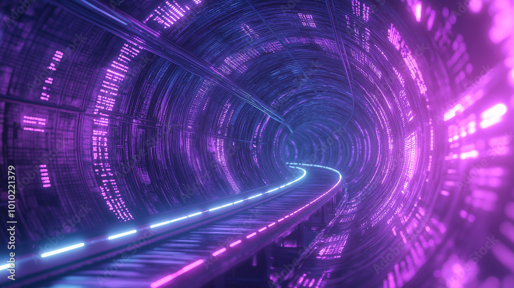 Aufkleber Futuristic tunnel with neon lights is showing data stream flowing through server