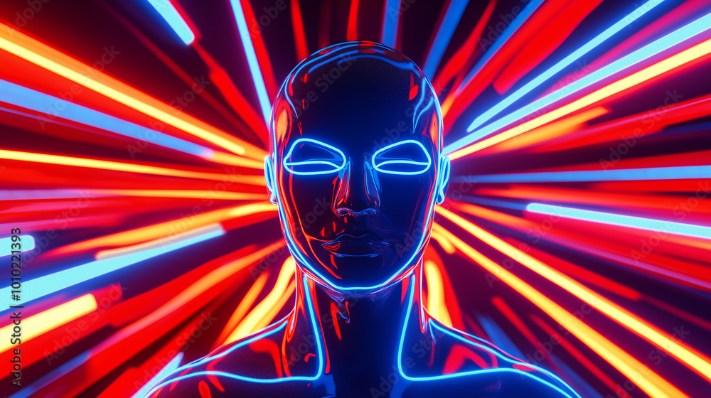 Poster 3d rendering of an ai with glowing blue lines on a red and blue background