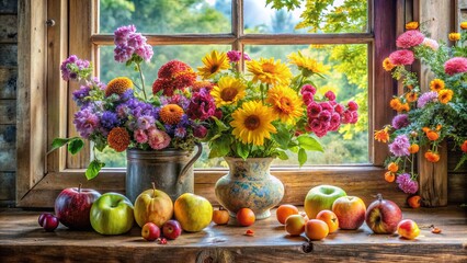 A Windowsill Still Life with Rustic Charm and a Vibrant Palette of Autumnal Blooms and Fruits © Indigo Studio