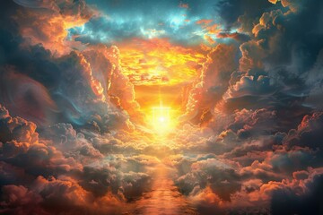 A majestic gate in the clouds, glowing with divine light, with a pathway leading to it and a sky painted with the colors of sunset