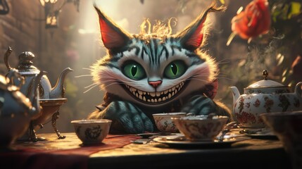 Fototapeta premium Cheshire Cat with a Grin at a Tea Party