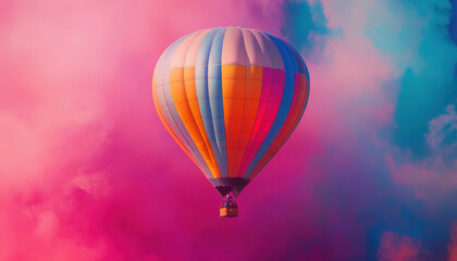 Obraz premium A vibrant hot air balloon floats gracefully against a stunning pink and blue sky, creating a dreamy and enchanting scene full of color and wonder.