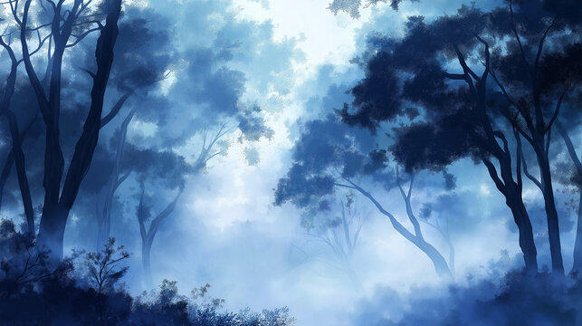 Fog is covering the blue forest in a cold winter morning