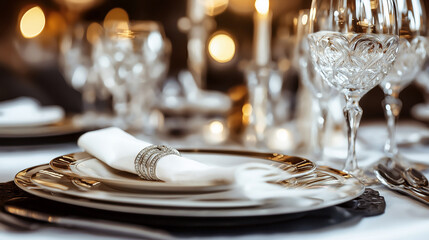 Elegant white table setting is waiting for guests at a formal dinner party