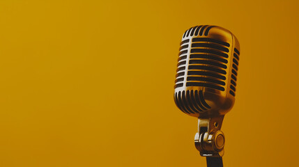 Vintage microphone is standing on a yellow background with copy space