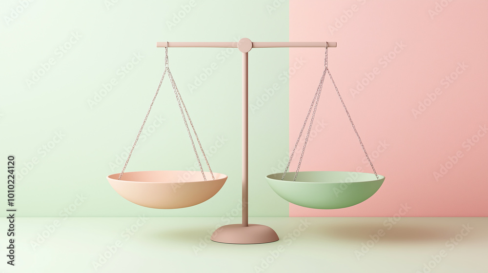 Poster 3d render of a balance scale on a two toned pastel background representing equality