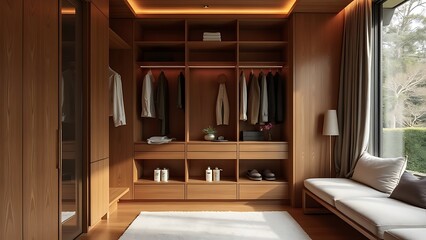 Modern minimalist walk-in closet with seating area