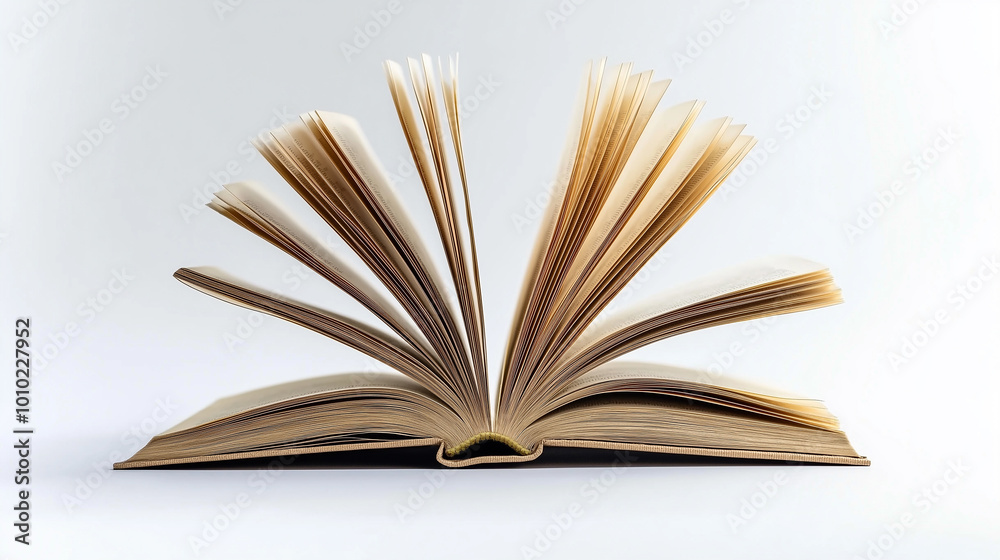 Poster Open book is standing on a white background showing its yellow pages