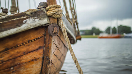 Fototapeta premium Weathered wooden hull of a sailing ship with rope tied to a cleat