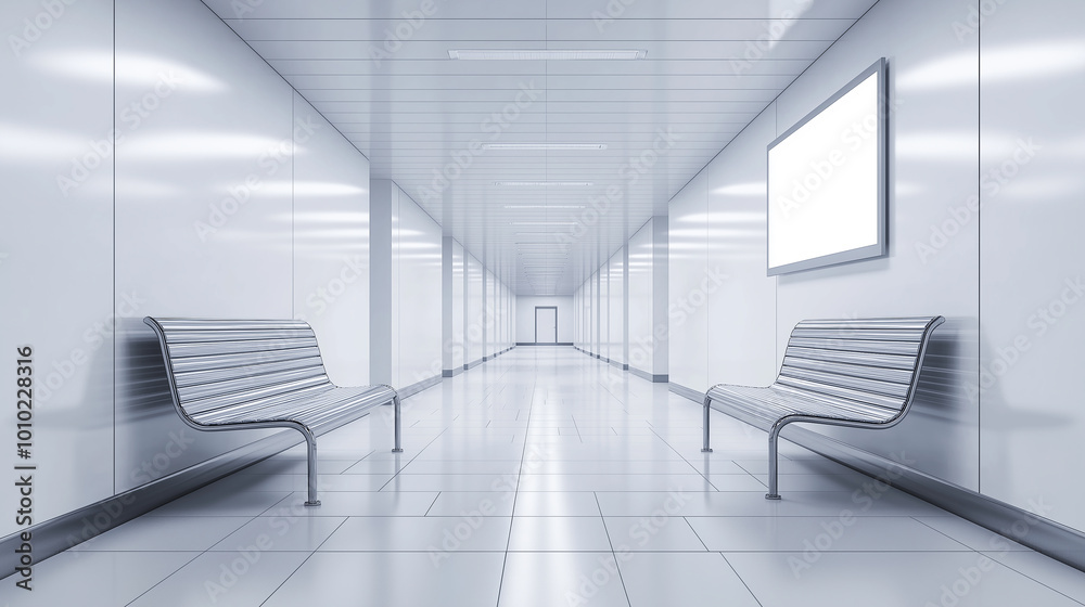 Poster empty white futuristic corridor is illuminated by lights with a blank billboard and benches