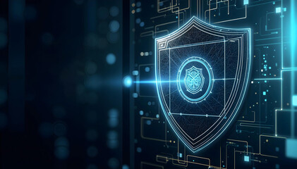 Cyber security concept with glowing padlock on digital city background, internet network security