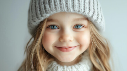 Cute blonde girl with blue eyes is smiling at home in a warm white knitted hat and sweater