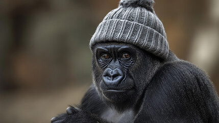 Fototapeta premium Gorilla wearing a beanie thinking about life in a zoo